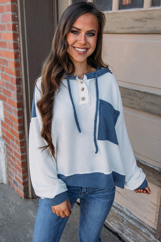 Women Colorblock Patch Pocket Drawstring Hooded