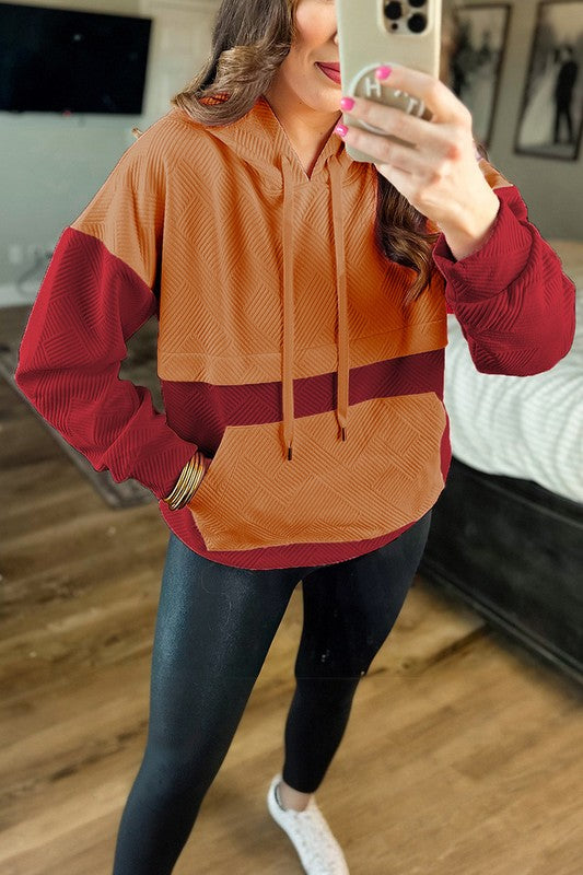 Color Block Kangaroo Pocket Drop Shoulder Hoodie