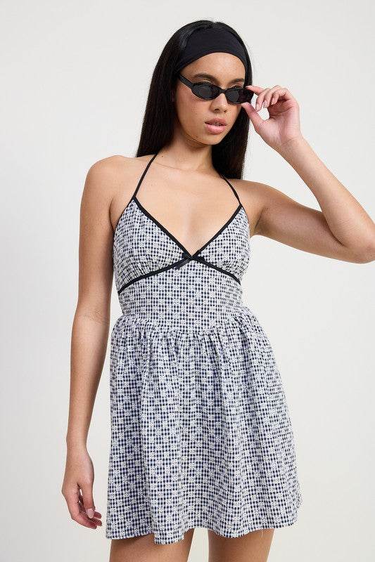 GINGHAM HALTER NECK MINI DRESS