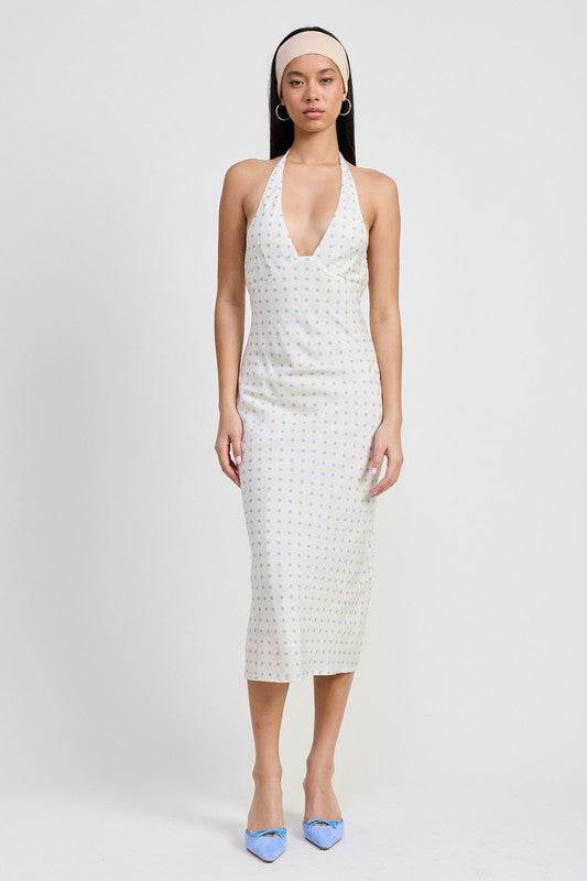 V NECK MAXI DRESS WITH NECK TIE