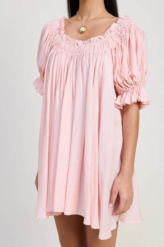 MINI EMBROIDERY SHORT PUFF SLEEVE DRESS