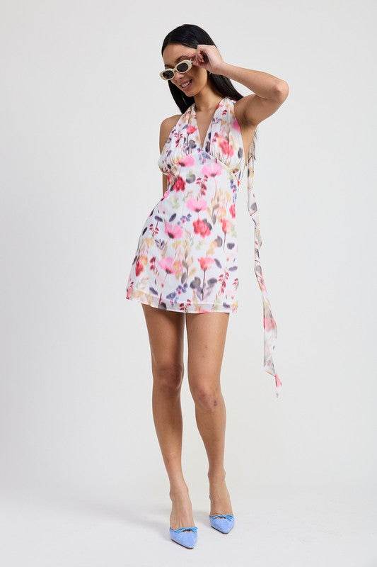 MINI HALTER NECK FLORAL DRESS