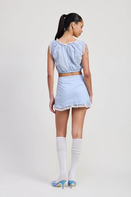 RUFFLED MINI SKIRT WITH LACE DETAIL