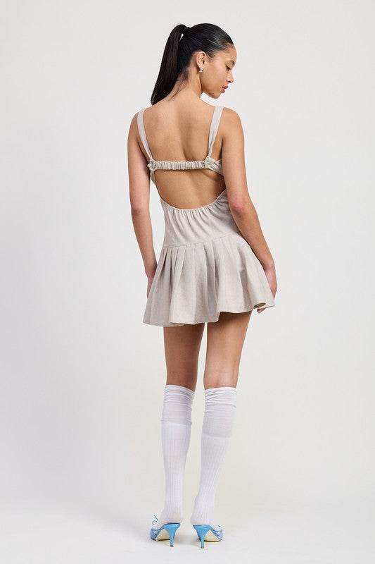 PLEATED MINI DRESS WITH BACK TIES