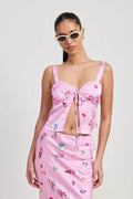 PRINTED SATIN FLY AWAY TOP WITH LACE TRIM