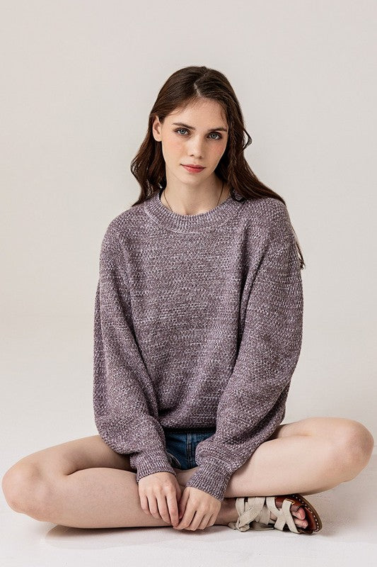 Plus Round Neck Balloon Sleeve Heathered Sweater