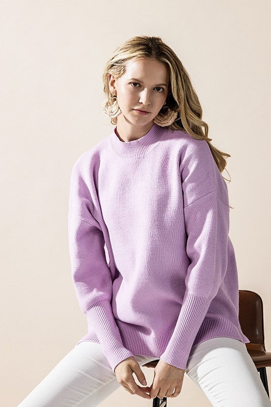 Mock Neck Balloon Sleeve Side Slit Sweater