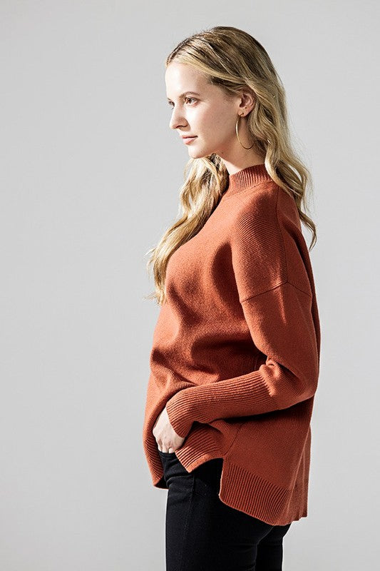 Plus Mock Neck Balloon Sleeve Side Slit Sweater