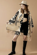 Aztec Fringed Ruana Poncho Sweater Cardigan