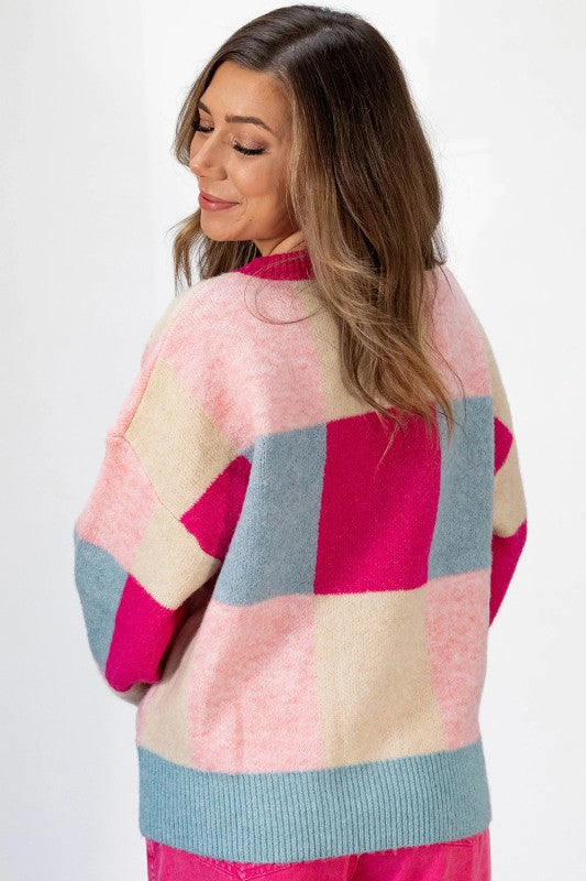 Rose Red Color Block Drop Shoulder Loose Fit Sweat