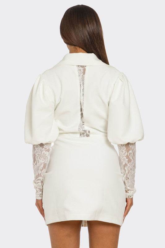 HALF PACK White Puff-Sleeve Zip-Up Dress
