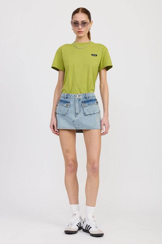 LOW WAIST DENIM MINI SKIRT WITH POCKETS