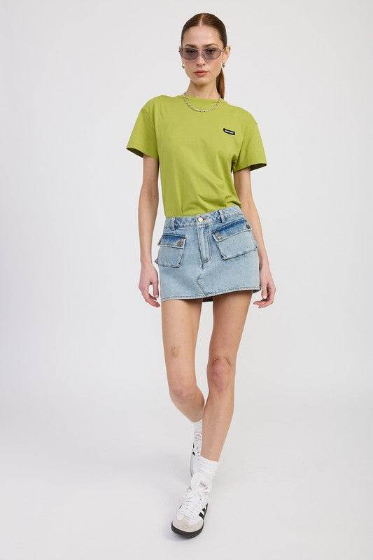 LOW WAIST DENIM MINI SKIRT WITH POCKETS