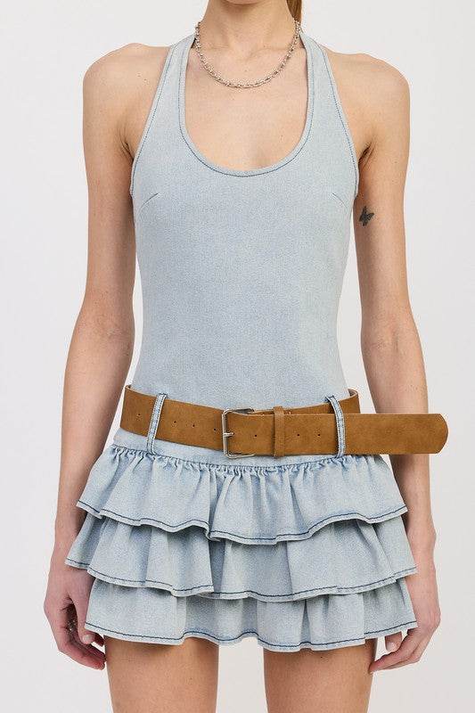 TIERED MINI DRESS WITH HALTER NECK AND BELT