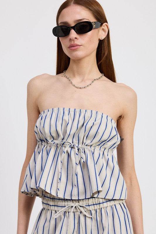 STRIPED STRAPLESS TOP WITH FRONT TIE