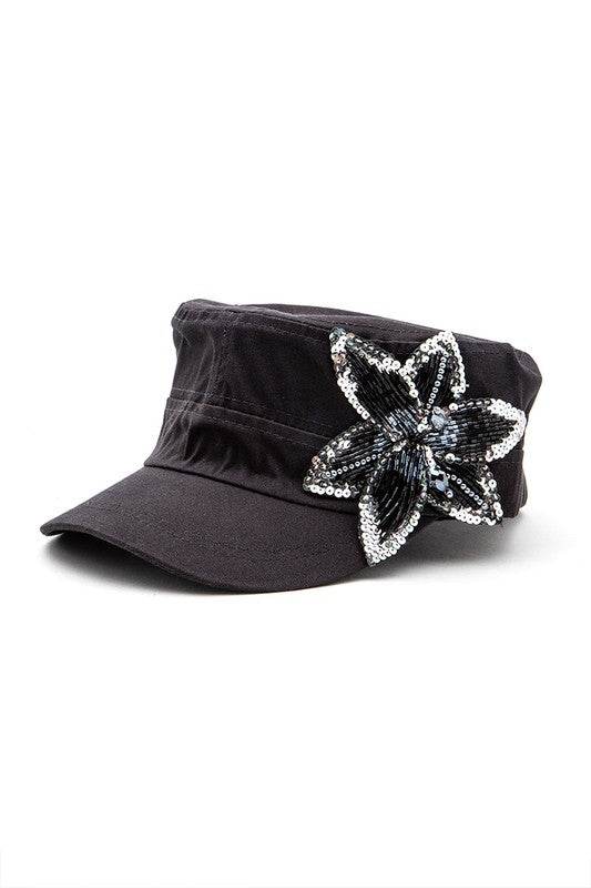 Beaded 3D Flower Statement Cadet Hat