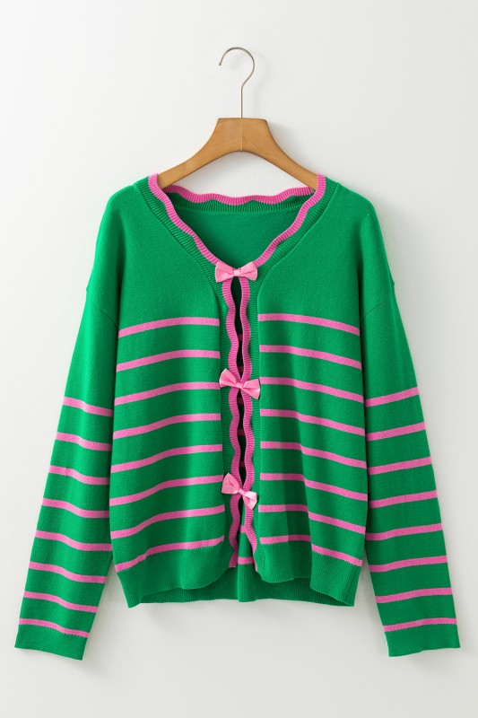 Stripe Cute Bow Detail Sweater Knit Cardigan
