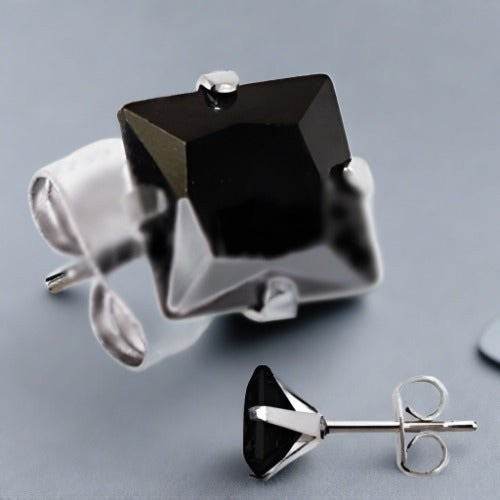 Pair of 316L Stainless Steel Black Princess Cut CZ