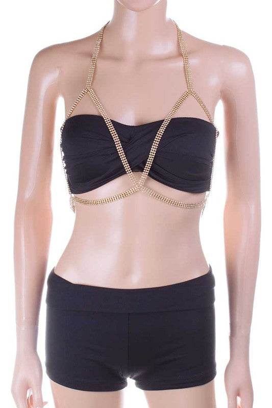 Cutout Rhinestone Mesh Triangle Bra Chain