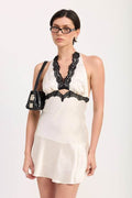 HALTER MINI DRESS WITH LACE TRIM DETAIL