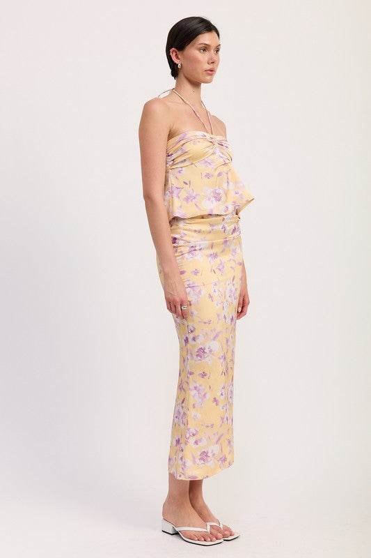 FLORAL PRINT RUCHED MIDI SKIRT