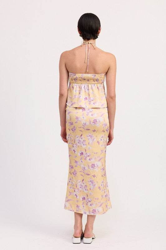 FLORAL PRINT RUCHED MIDI SKIRT