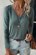 Mist Green Solid Color Long Sleeve V Neck Top