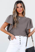 Solid Color Textured Flutter Sleeve Top