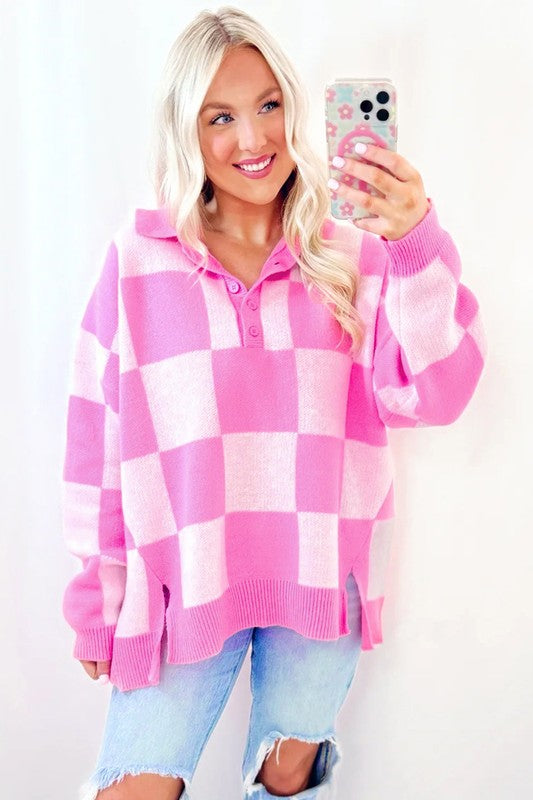 Checkerboard Button Collared Drop Shoulder Sweater