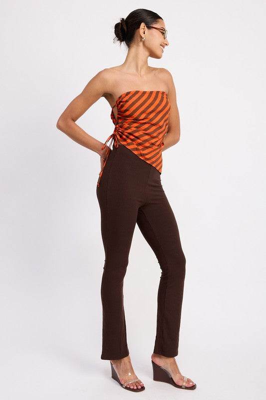 FITTED STRAPLESS STRIPE TOP WITH SIDE TIE ACCENT