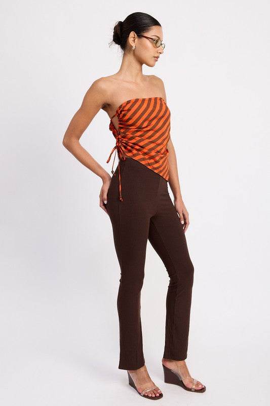 FITTED STRAPLESS STRIPE TOP WITH SIDE TIE ACCENT