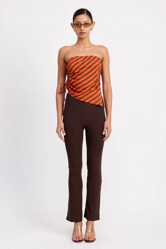FITTED STRAPLESS STRIPE TOP WITH SIDE TIE ACCENT