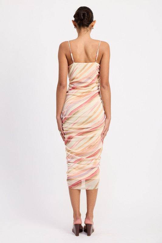 RUCHED MESH MIDI DRESS WITH ADJUSTABLE STRAPS