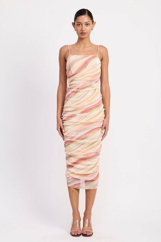 RUCHED MESH MIDI DRESS WITH ADJUSTABLE STRAPS