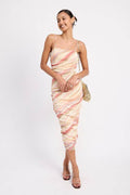 RUCHED MESH MIDI DRESS WITH ADJUSTABLE STRAPS