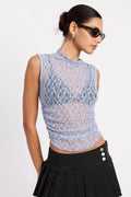 LACE MOCK NECK SLEEVELESS TOP WITH SIDE RUCHING