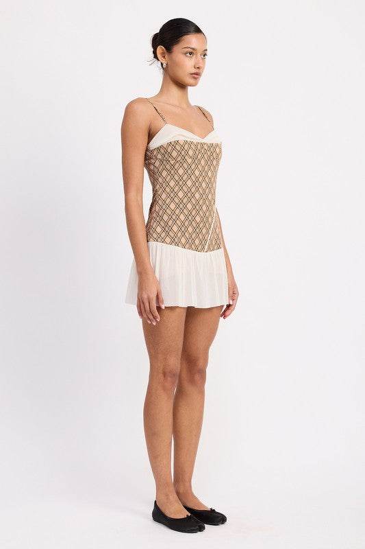 PLAID RUCHED MINI DRESS WITH CONTRAST TRIM