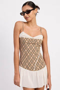 PLAID RUCHED MINI DRESS WITH CONTRAST TRIM