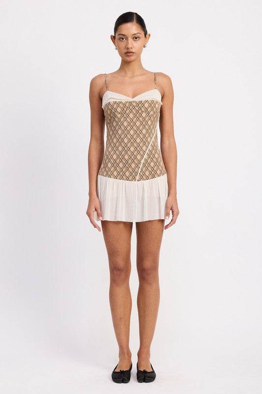 PLAID RUCHED MINI DRESS WITH CONTRAST TRIM