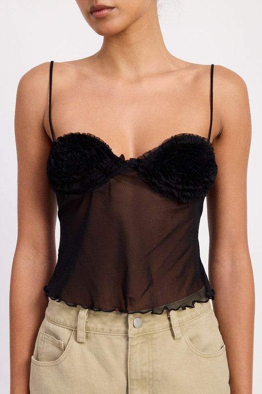 SHEER MESH FLORAL CUP CAMI TOP