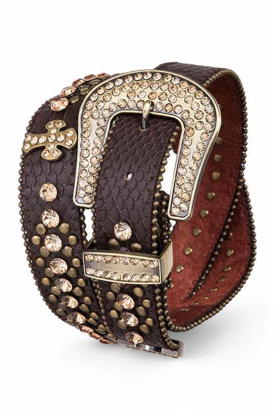 Crystal Cross Leather Western Belt