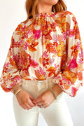 Floral Print Pearl Button Long Puff Sleeve Blouse