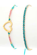 Heart Charm Rhinestone 2 In 1 Bracelet Set