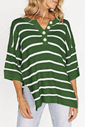 Stripe Drop Shoulder Oversized Henley Knit Tee