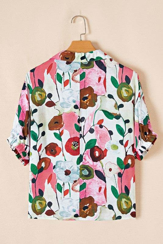 Floral Boho Shirred Bubble Viscose Stripe Blouse