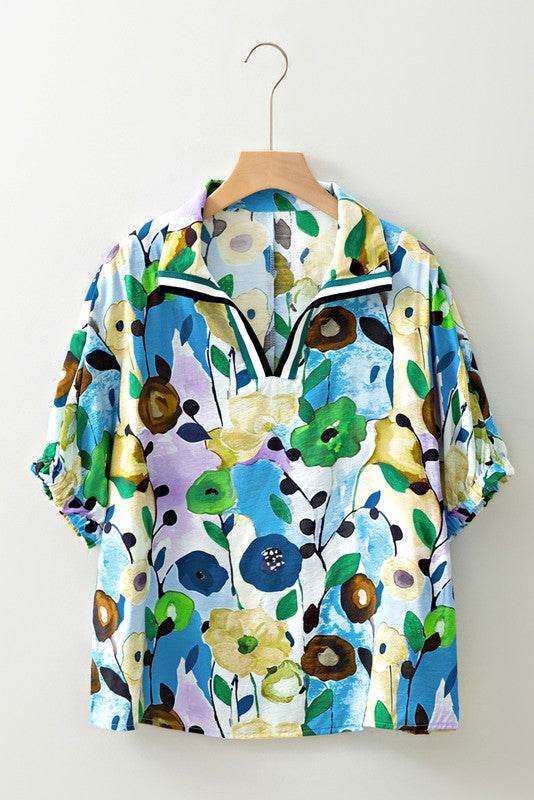 Floral Boho Shirred Bubble Viscose Stripe Blouse