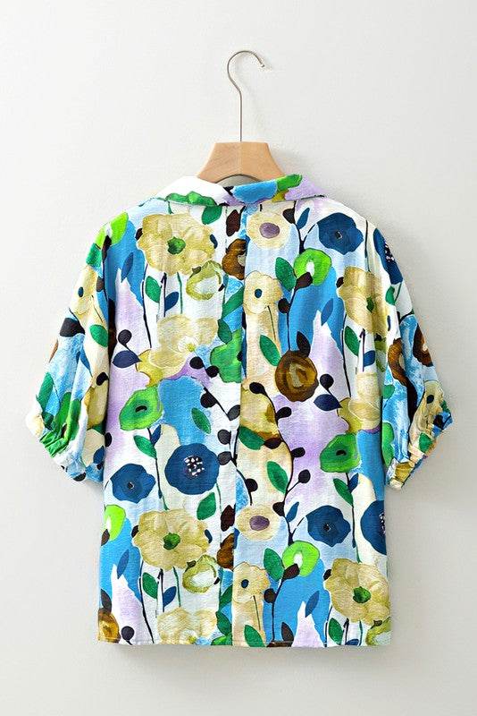 Floral Boho Shirred Bubble Viscose Stripe Blouse