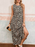 Contrast Stripe Trim Leopard Sleeveless long Dress