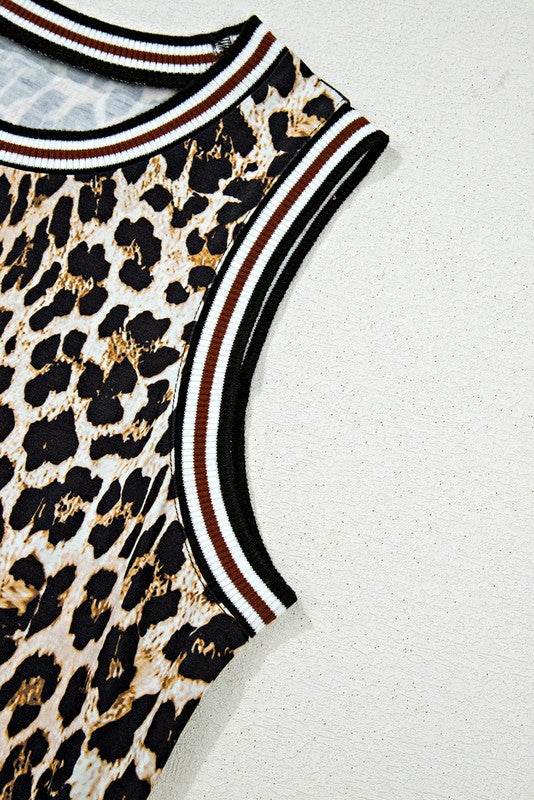 Contrast Stripe Trim Leopard Sleeveless long Dress