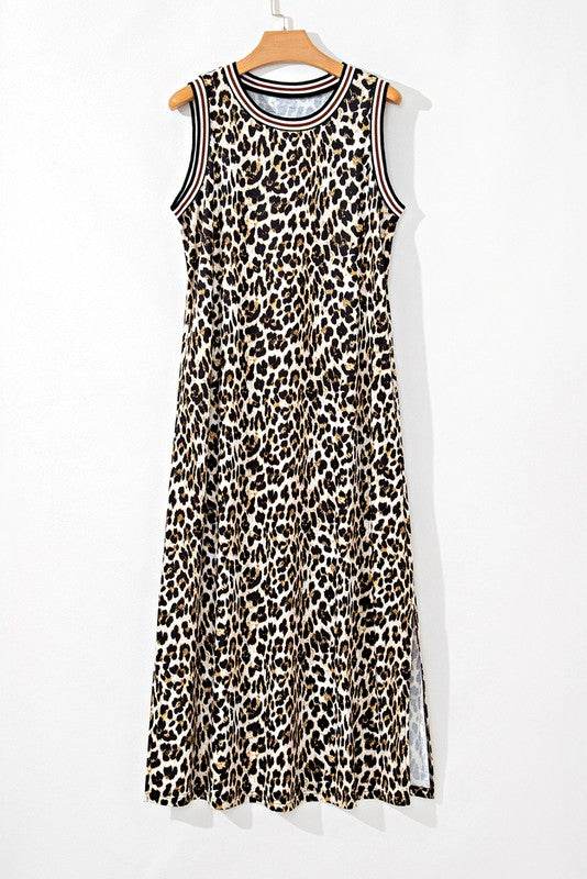 Contrast Stripe Trim Leopard Sleeveless long Dress